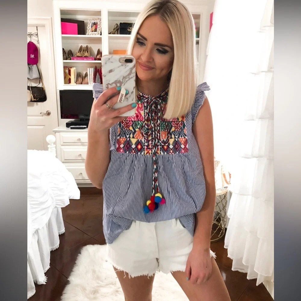 🌸 NWT Floerns Boho Floral Patchwork Striped Blouse | Size M